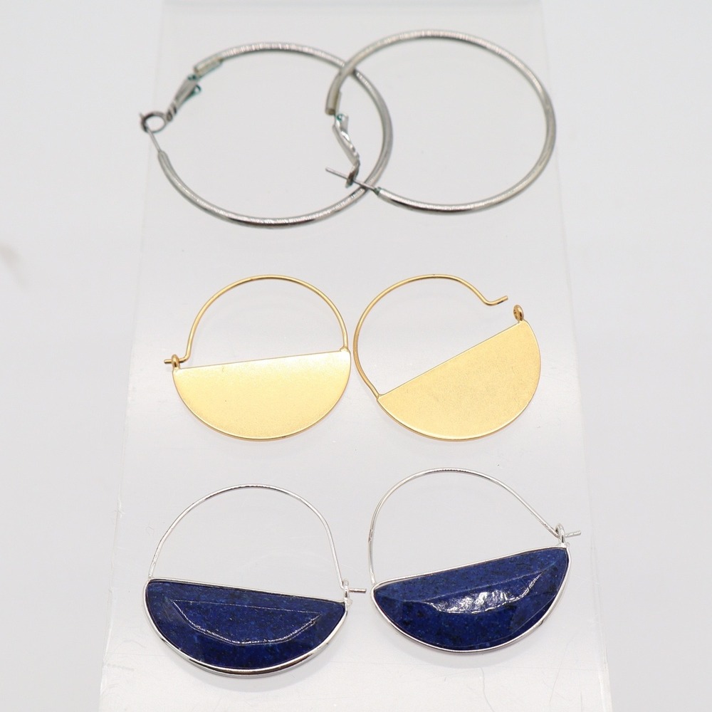 3 Pair Hoop Earring Set Silver Gold Tone Lapis Blue Stone Half Moon Geometric